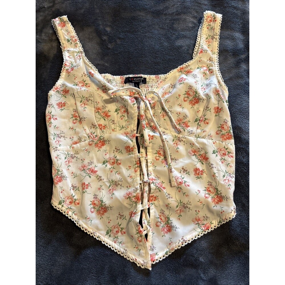 #87 One Clothing Dainty Floral Corset Coquette Lace Up Blouse Sz L Ivory